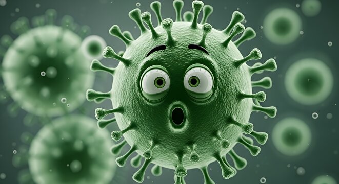 Cartoon Green Virus Character with Surprised Expression in Scientific Style