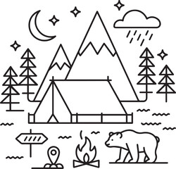 Minimal Camping Adventure Vector with Bear, Mountains, and Night Scene
