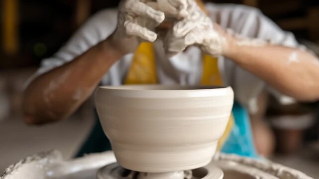 Potter hands shaping clay bowl on wheel showing traditional craftsmanship. Ideal for artisan and handmade product marketing campaigns.