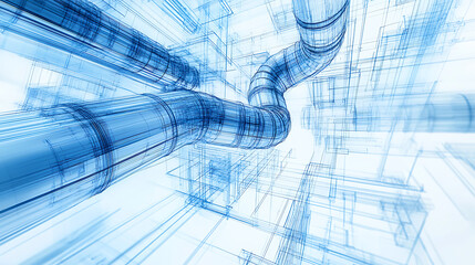Technical 3D visualization of architectural ventilation design, featuring detailed duct system blueprint for building climate control and mechanical layout presentations