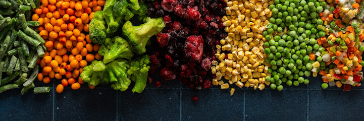 Colorful and fresh banner design featuring frozen fruits and vegetables, highlighting the preservation of organic produce for winter and promoting a healthy lifestyle