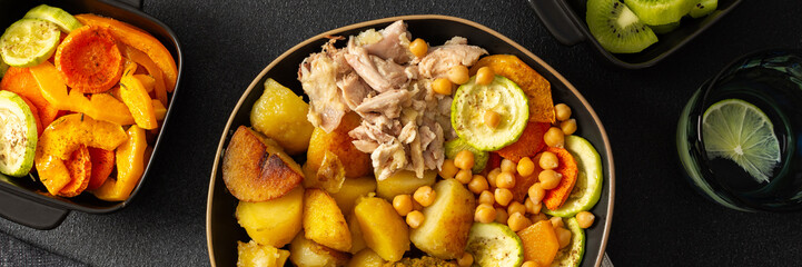 Enjoy a nourishing breakfast featuring baked sweet potatoes, zucchini, lentil cutlets, baked chicken breast, fresh salad, and kiwi for dessert, perfect for energizing the day, banner