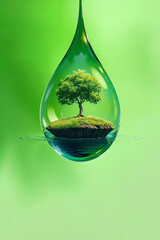 Single Tree Growing on Floating Island Inside Water Drop
