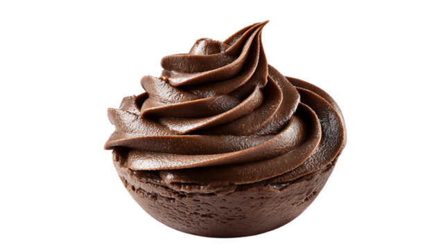 A close up view of a chocolate cupcake with dark chocolate frosting against a black background
