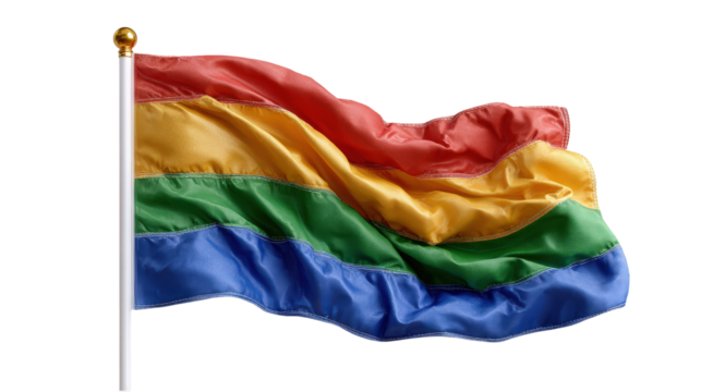 Colorful flag of Mauritius waving in the wind against a blue sky