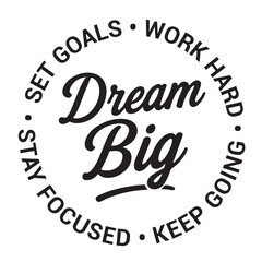 Dream big, set goals, work hard, stay focused, keep going, inspirational design quote, motivational quotes, typography illustration lettering quotes