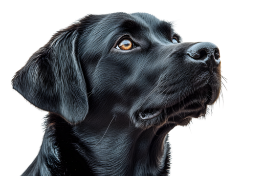 Attentive black labrador dog looking up, side view. Isolated on white background. Obedience concept