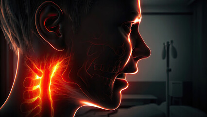 Trigeminal neuralgia facial pain and spasms concept. A digital representation of human anatomy highlighting the neck.