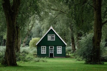 Fototapeta premium Quaint green house nestled in a dense forest. Lush greenery surrounds a small, painted wooden home