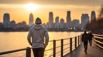 Fototapeta premium A man jogging alone at sunset, facing the glowing city skyline 