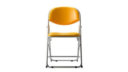 A front view of a yellow folding chair with a silver frame on a black background in a studio shot
