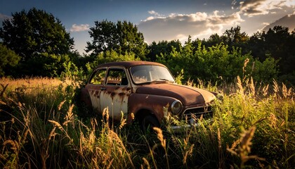 Rusty vintage car in overgrown field at sunset