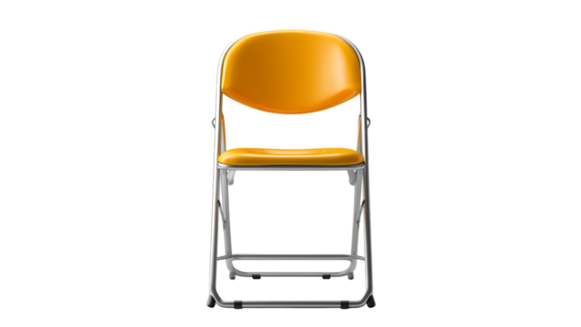 A front view of a yellow folding chair with a silver frame on a black background in a studio shot
