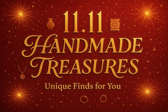 Promotional graphic featuring "11.11 Handmade Treasures" in golden text on a rich red background, adorned with stars and icons of pottery and jewelry, for a unique shopping event.