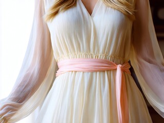 Elegant chiffon dress with long sleeves and a beautiful tied peach belt