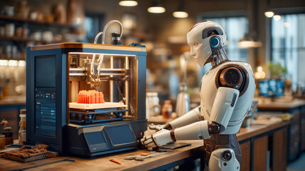 Advanced humanoid robot operating a 3D printer producing a red plastic model in a modern workshop filled with tools and industrial decor, focused on precision and technology