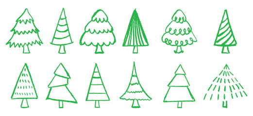 Christmas tree collection drawn by children. Simple vector doodle collage elements for school or kindergarten use. Green pastel wax squiggle strokes on a blackboard background mimic charcoal doodles.