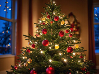 Decorated Christmas tree with red and gold ornaments festive holiday