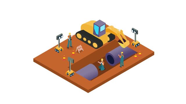 Isometric Underground Pipe Laying and Construction Site 3d animation cartoon
