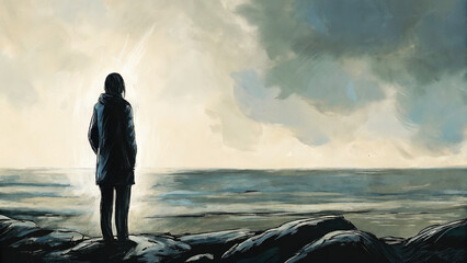 Solitary figure standing in center scene concept. A solitary figure stands by the ocean, contemplating life's journey.