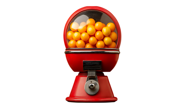 A red gumball machine filled with orange gumballs on a black background in a studio shot
