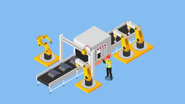 Automated Factory Production Line with Robotic Arms and Worker 3d animation cartoon
