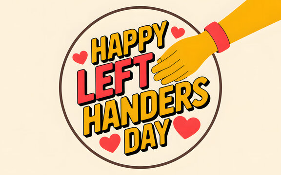 Happy left handers day celebration with a stylized hand and hearts - Powered by Adobe