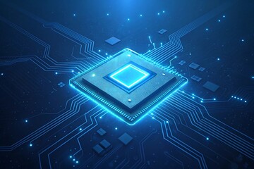 Glowing blue microchip processor with intricate circuitry and data flow