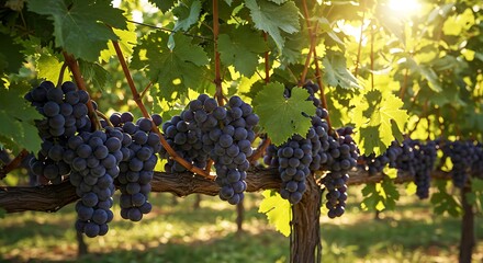 Fototapeta premium Dark Purple Grapes Growing on Vine in Vineyard Sunlight