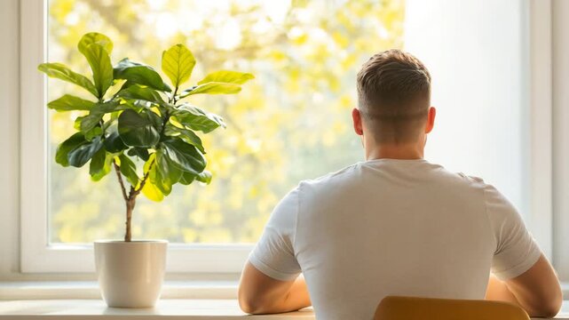 Man working at desk near window with plant in natural light. Ideal for remote work and home office productivity campaigns.