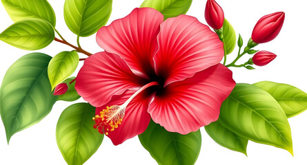 Fototapeta premium hibiscus bloom, exotic flower, floral illustration, hibiscus vector, red petals, tropical plant, botanical art, summer flower, hibiscus isolated, hibiscus on white, red botanical, garden flower, singl