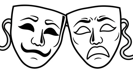 theater mask silhouette, comedy and tragedy vector, theater design, mask illustration, acting icon, performance vector, dramatic illustration, theater logo, drama clipart, classical theater symbol, ma