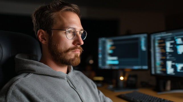 Male Programmer Sitting At Desk With Dual Monitors, Dark Room Lit Only By Screen Glow, Modern Tech Setup, 
