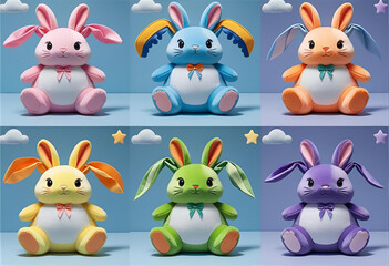 Obraz premium Colorful Bunny Companions: A delightful assortment of six plush bunny toys, each in a vibrant hue, evokes a sense of childlike wonder and playful energy. Perfect for various applications.