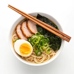 Japanese ramen bowl with toppings and chopsticks