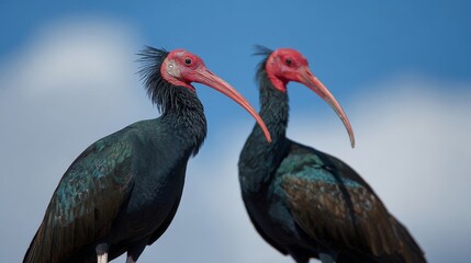 Fototapeta premium Critically endangered Northern Bald Ibis pair standing against blue sky with soft clouds, rare African bird species known for its unique bald head, curved beak, and dark iridescent feathers