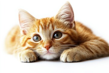Obraz premium Cute Orange Kitten Lying on White Background with Alert Eyes and Fluffy Fur, Perfect for Pet Lovers and Animal Photography Enthusiasts