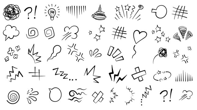 Collection of hand drawn comic book sound effects and action lines isolated on transparent background