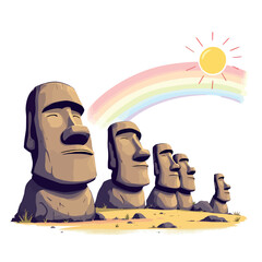 Vsai moai statues enjoying rainbow over easter island in cartoon style