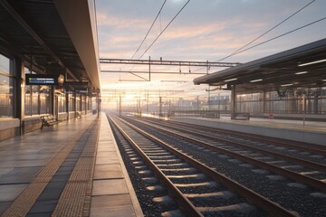 Empty commuter train platform at sunrise, clean stations, modern architecture, no passengers.