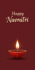 Happy Navratri greeting card with lit Diya on red background