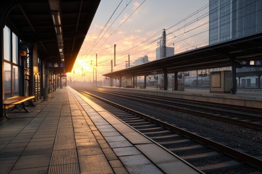 Empty commuter train platform at sunrise, clean stations, modern architecture, no passengers.