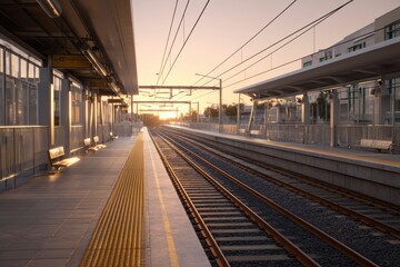 Empty commuter train platform at sunrise, clean stations, modern architecture, no passengers.