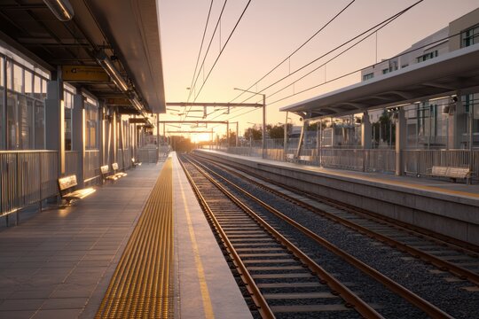 Empty commuter train platform at sunrise, clean stations, modern architecture, no passengers.