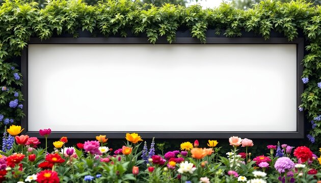 Blank billboard frame with lush green vines and multicolored flowers in an outdoor botanical setting. - Powered by Adobe