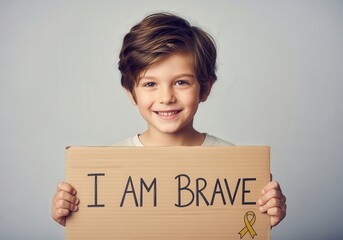 Cheerful young boy holding "i am brave" sign with childhood cancer awareness ribbon
