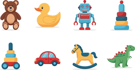 Adorable collection of classic children's toys featuring a teddy bear, duck, robot, car, and dinosaur
