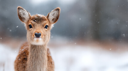 Close Up Of A Cute Fawn With Snowy Antlers in Winter Outdoors Adobe Stock Photo 38118190 1