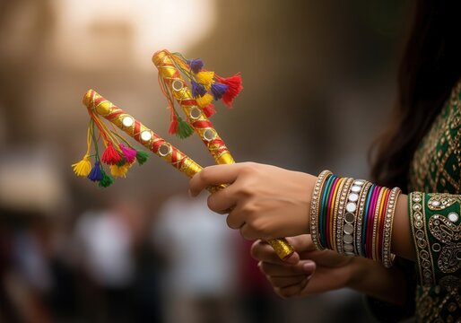 Woman’s hands holding decorative dandiya sticks for Navratri Garba dance celebration