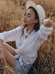 Young woman relaxes sitting with closed eyes on wheat field among ripe ears.